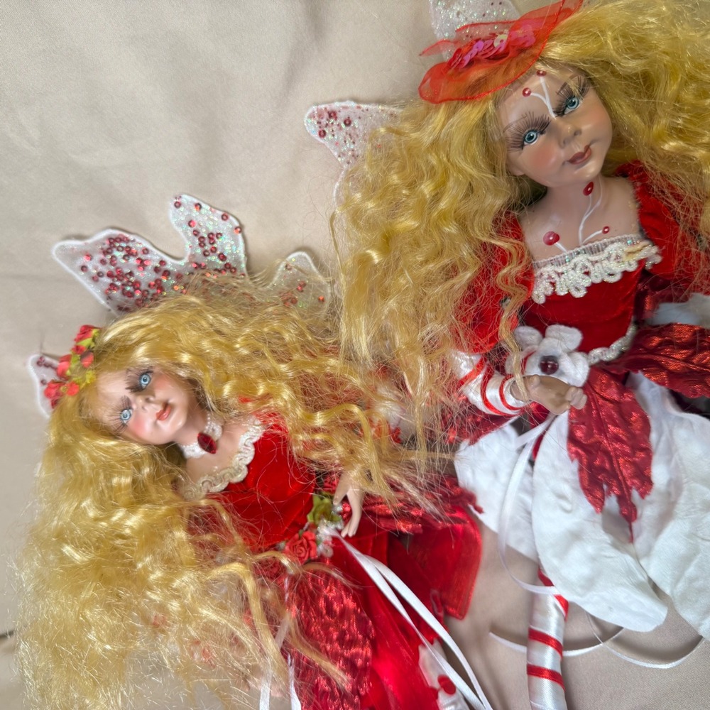 Vintage Winward Christmas Fairy Dolls Porcelain Face Red Velvet Shelf Sitter Set